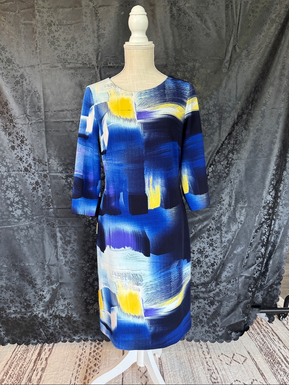 Frank Lyman Design Blue and Yellow Abstract Sheath Dress